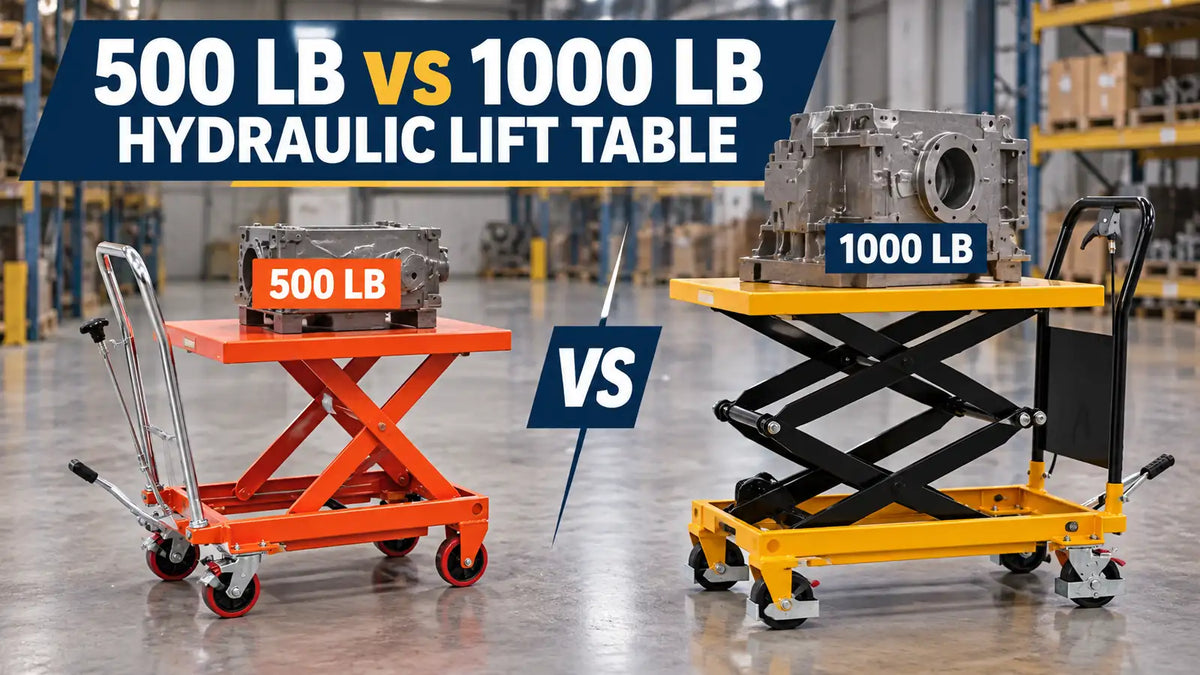Side-by-side comparison of 500 lb and 1000 lb manual hydraulic lift tables carrying industrial components in a warehouse.