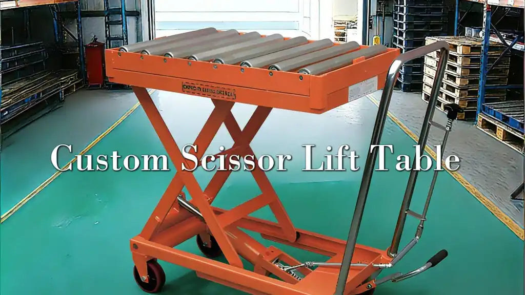 Orange custom hydraulic scissor lift table with roller top conveyor by KINGRISE