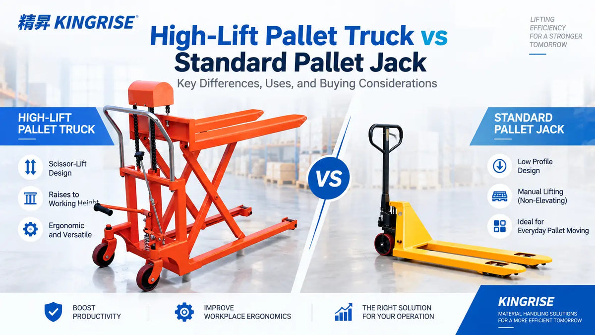 High-lift pallet truck vs standard pallet jack comparison showing key differences, uses, and warehouse material handling benefits.