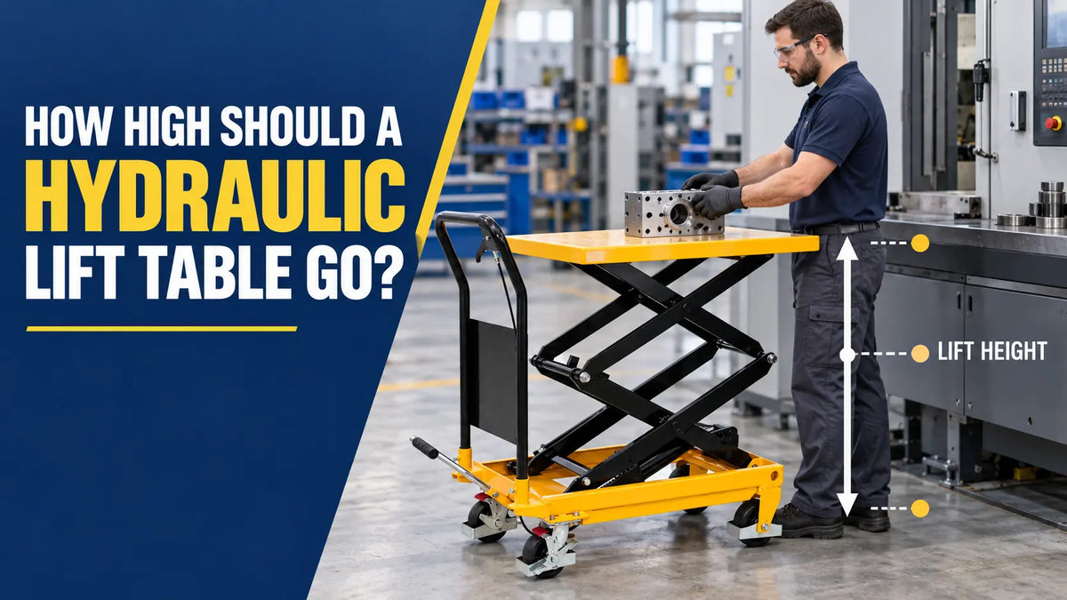 Worker using a yellow double-scissor hydraulic lift table at an ergonomic height beside an industrial machine.