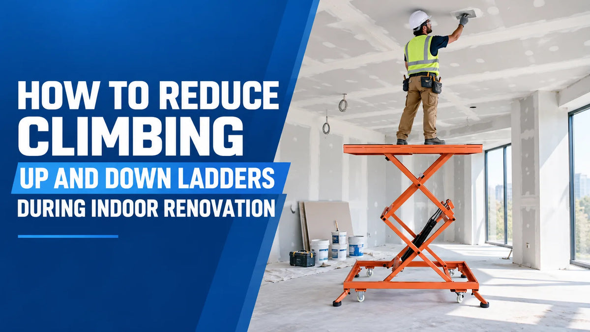 Renovation worker using an orange electric scissor lift work platform to reduce repeated ladder climbing during indoor ceiling work.
