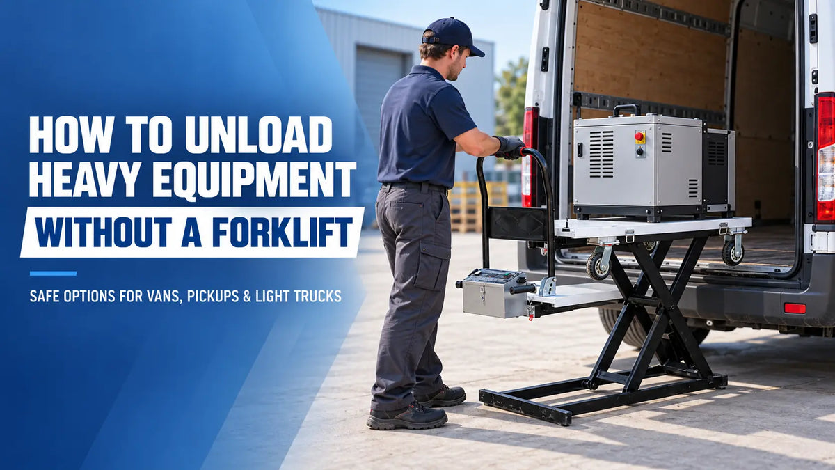 Worker using an electric self-loading lift cart to unload heavy equipment from a cargo van without a forklift.