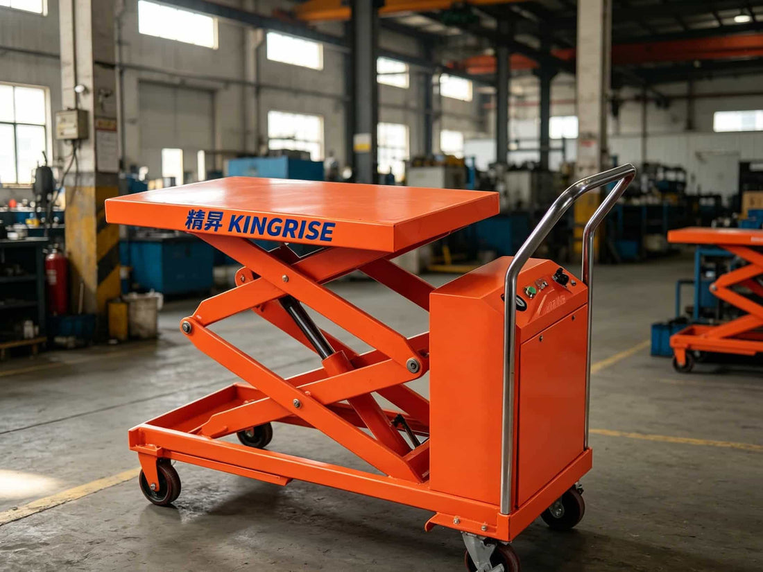 Motorized scissor lift trolley carrying heavy warehouse cargo on a production line