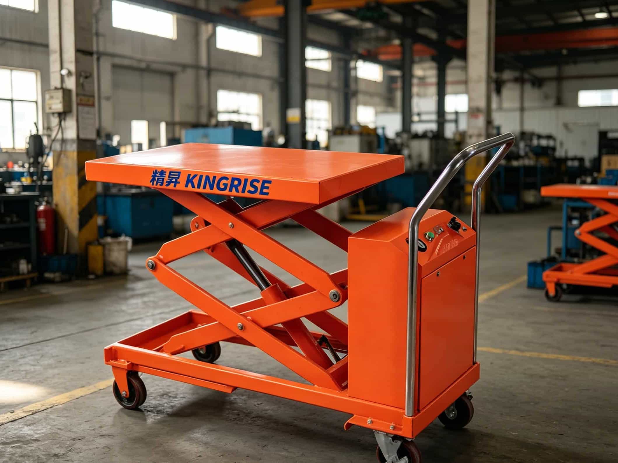 Motorized scissor lift trolley carrying heavy warehouse cargo on a production line