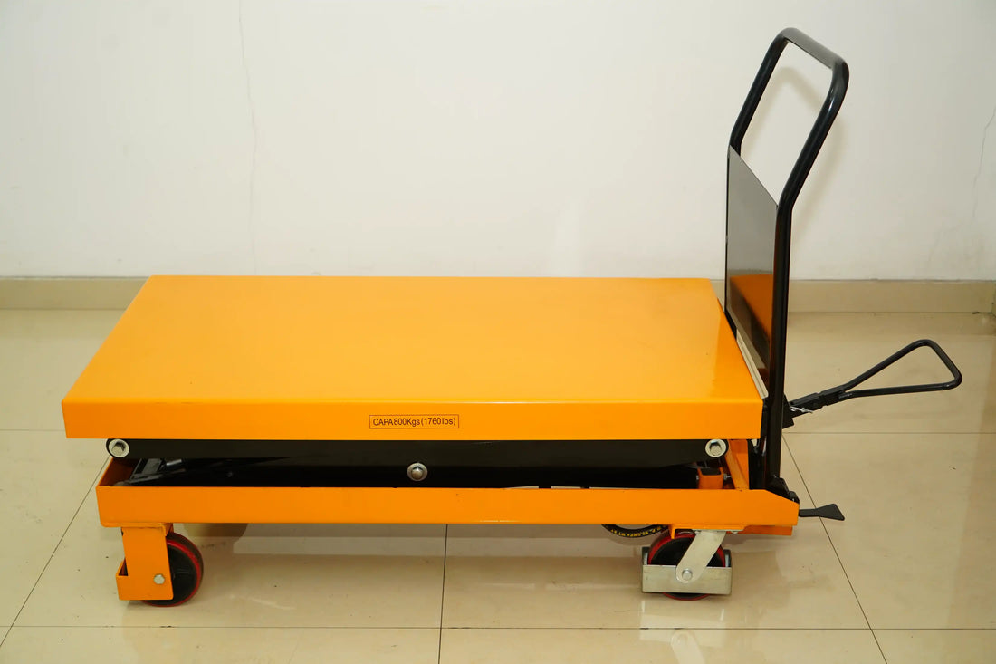 KINGRISE yellow manual hydraulic scissor lift trolley with foot pedal pump.