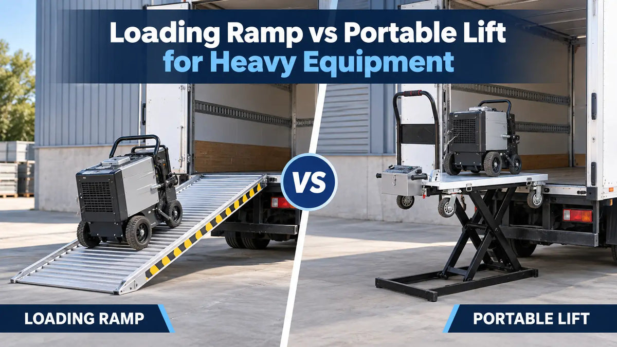 Comparison of a loading ramp and a portable lift for moving heavy equipment into a commercial vehicle.
