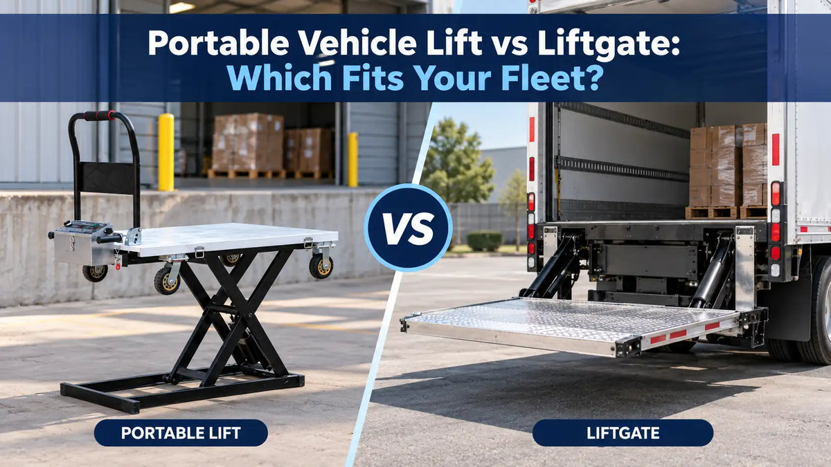 Side-by-side comparison of a portable vehicle lift and a built-in truck liftgate for fleet loading and unloading.