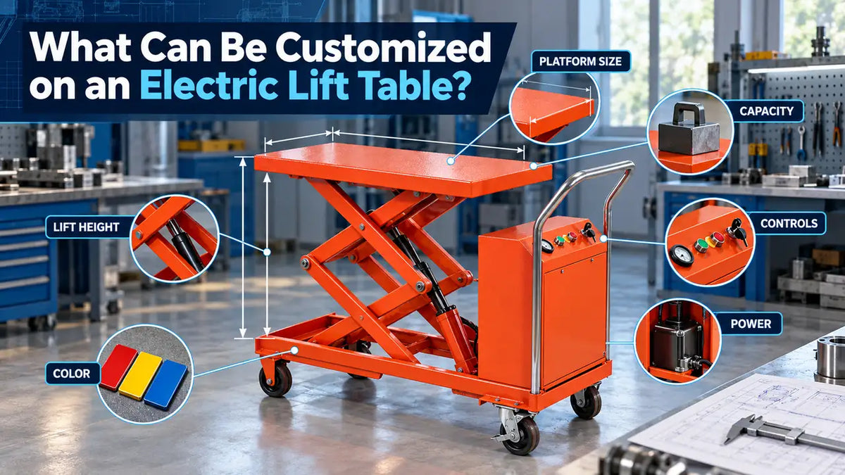 Custom electric lift table with callouts for platform size, lift height, capacity, controls, power and color options.