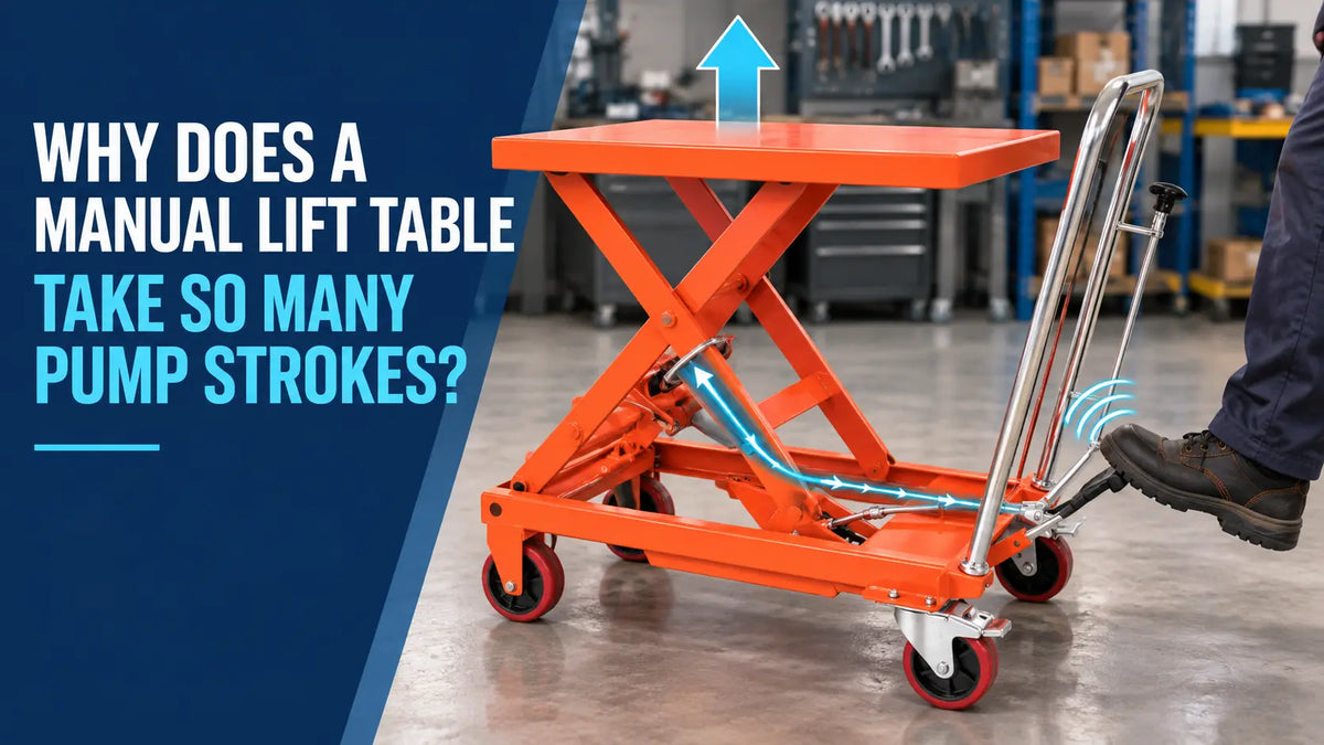 Worker pressing the foot pump on an orange manual hydraulic lift table as the hydraulic cylinder raises the platform.