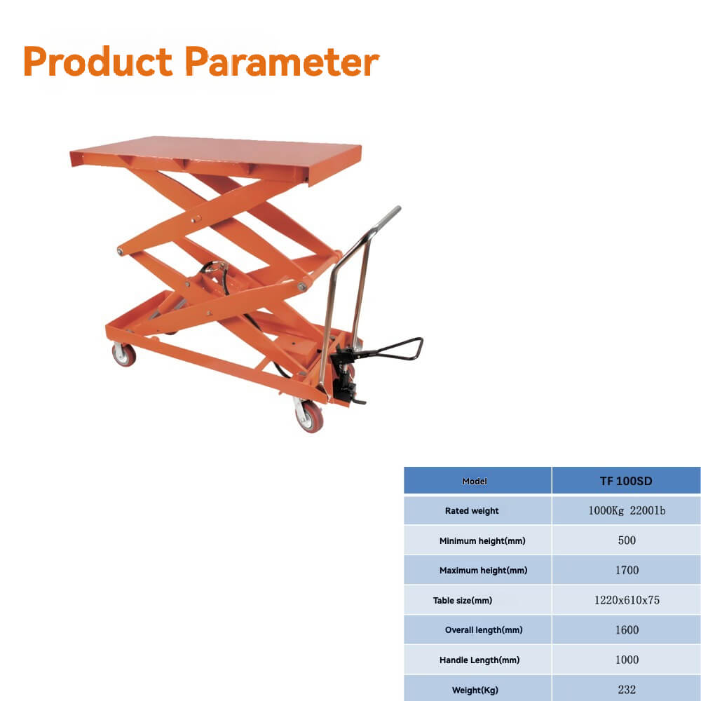 KINGRISE TF 100SD Heavy Duty High Lift Table | 2200lb (1000kg) Capacity | 67" (1.7m) Vertical Scissor Lift | Large 48"x24" Platform Industrial Mobile Lifter