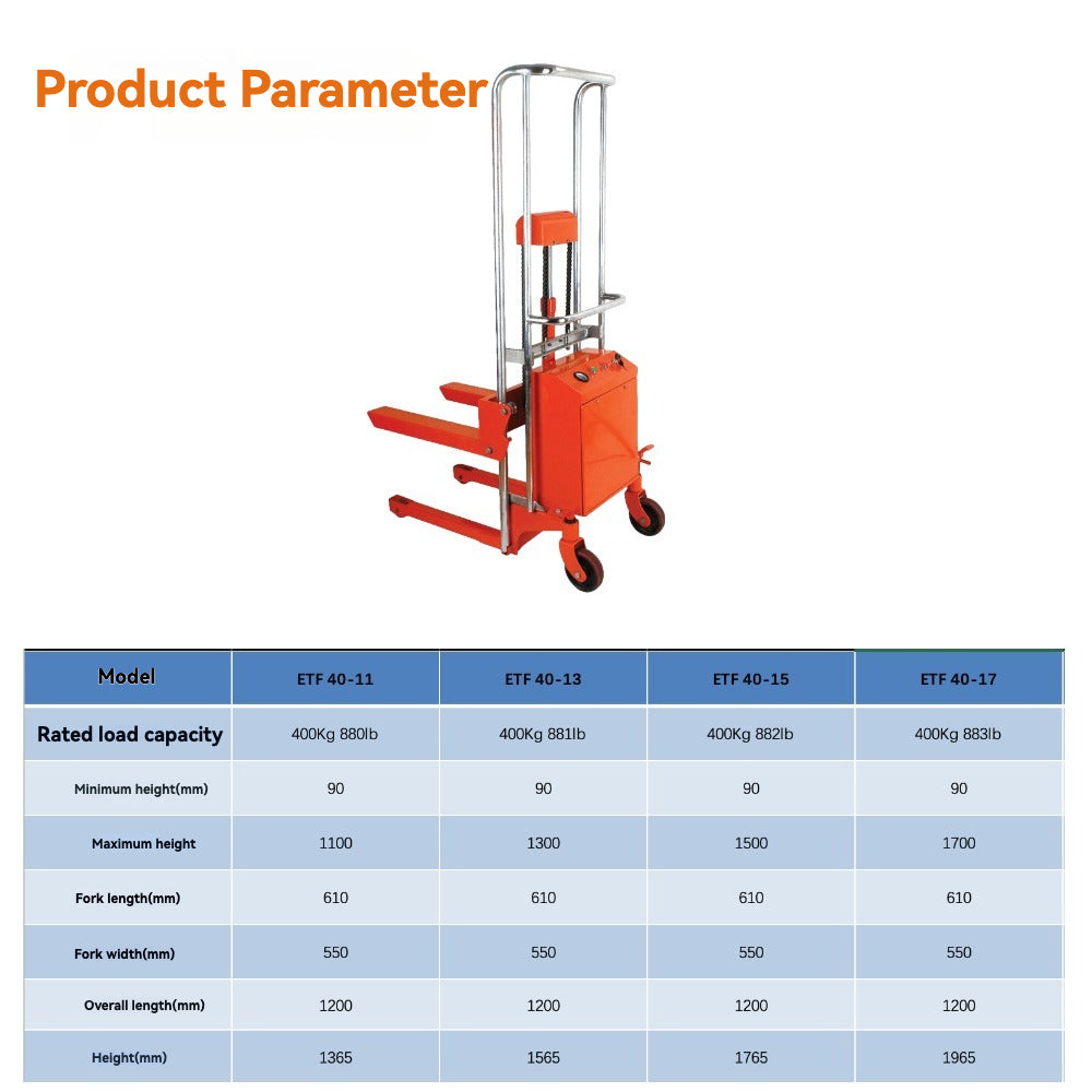 ETF40 Electric Stacker 400kg Load Capacity | 1100–1700mm Electric Lift | Factory Price Warehouse Material Handling Equipment