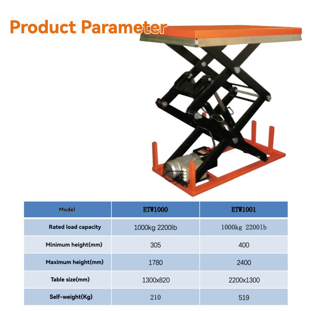 KINGRISE 1-Ton Stationary Electric Hydraulic Lift Table | 1.78m-2.4m High Vertical Travel | Double Scissor Freight Elevator Platform | ETW Series