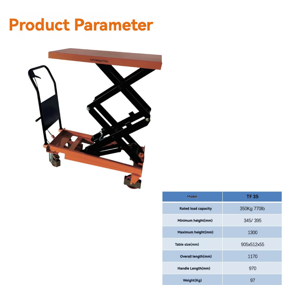 KINGRISE TF 35 High Lift Manual Hydraulic Table | 770lb (350kg) Capacity | 51" (1.3m) Vertical Scissor Lift Platform | Mobile High-Reach Material Handler