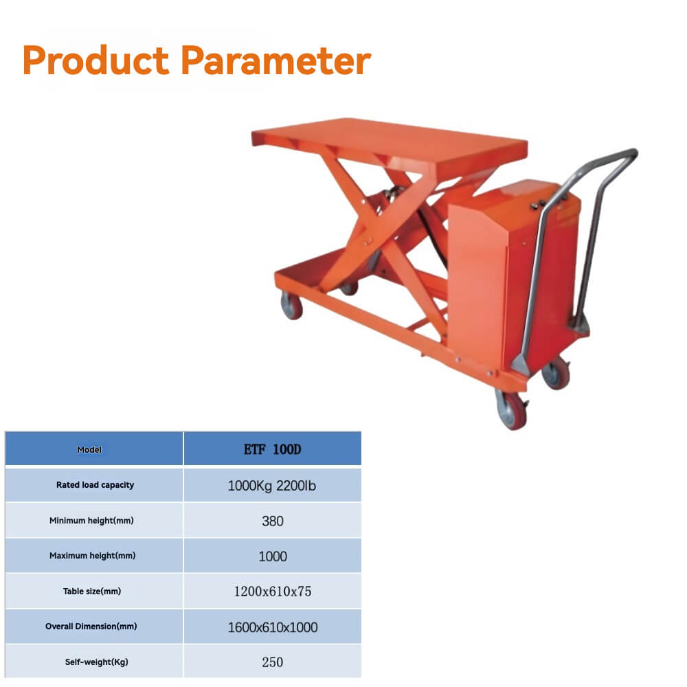 KINGRISE ETF 100D Heavy Duty Electric Hydraulic Lift Table | 1000kg (2200lb) Capacity | 1.0m Lift Height | Mobile Industrial Scissor Lift Cart for Workshop & Warehouse