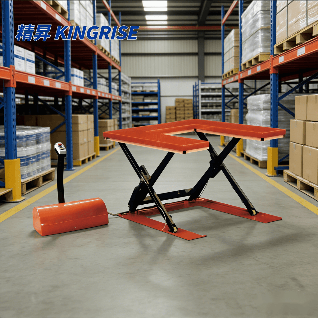 KINGRISE ETU Series U-Shaped Electric Lift Table | 1000kg-1500kg Capacity | Low Profile Stationary Scissor Lift | For Pallet Truck Access | CE Certified Industrial Platform