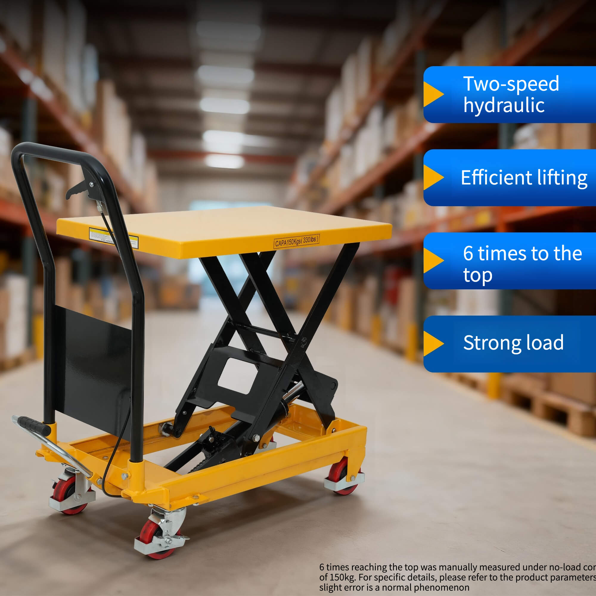 TÜV CE certified manual dual-speed hydraulic cylinder with casters hydraulic lifting platform 150/300/500/1000kg, specifically designed for warehouse/factory loading
