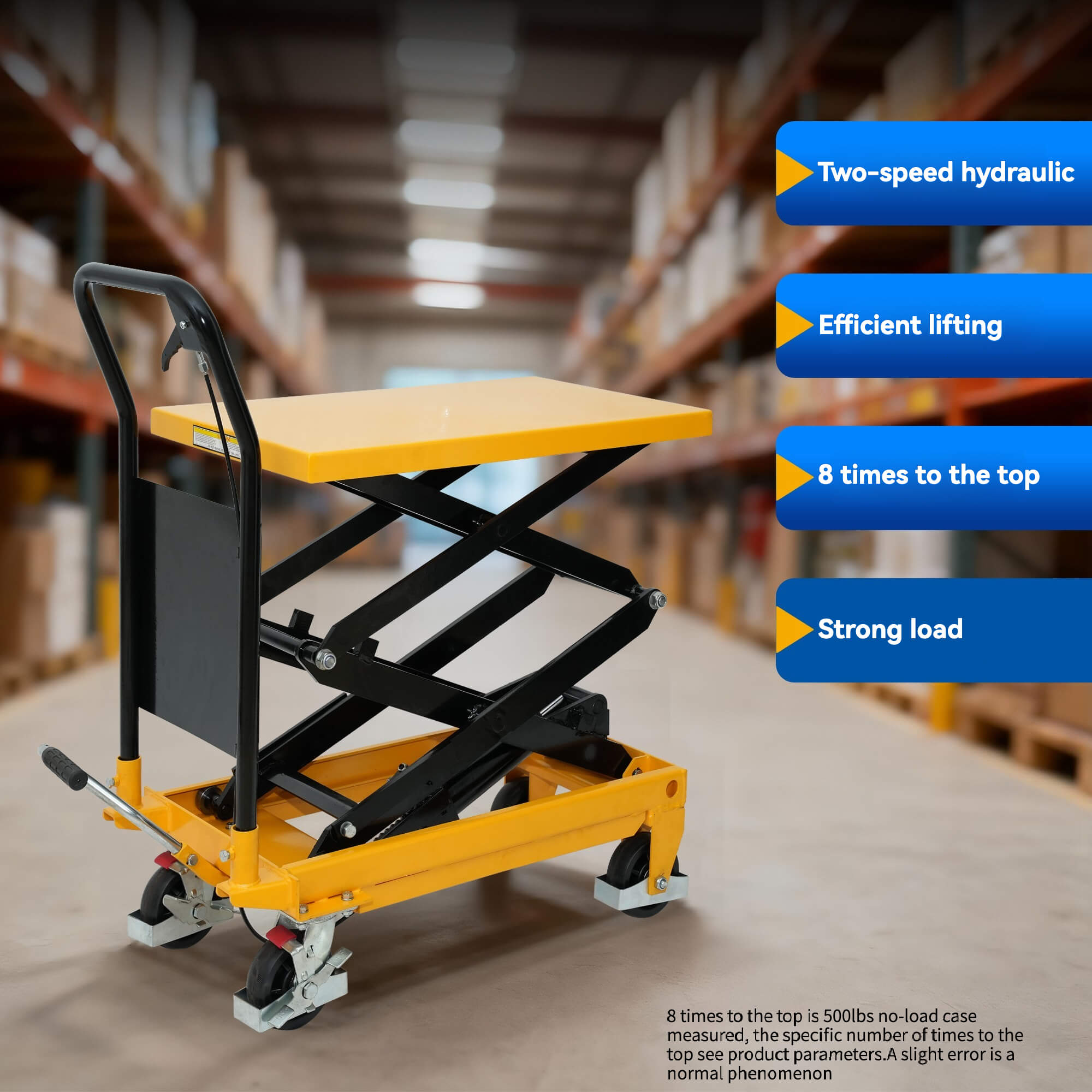 TÜV CE Certified Dual-Speed Hydraulic Scissor Lift Table - Warehouse Manual Hydraulic Lift Cart (500/1000 Lbs Load Options)
