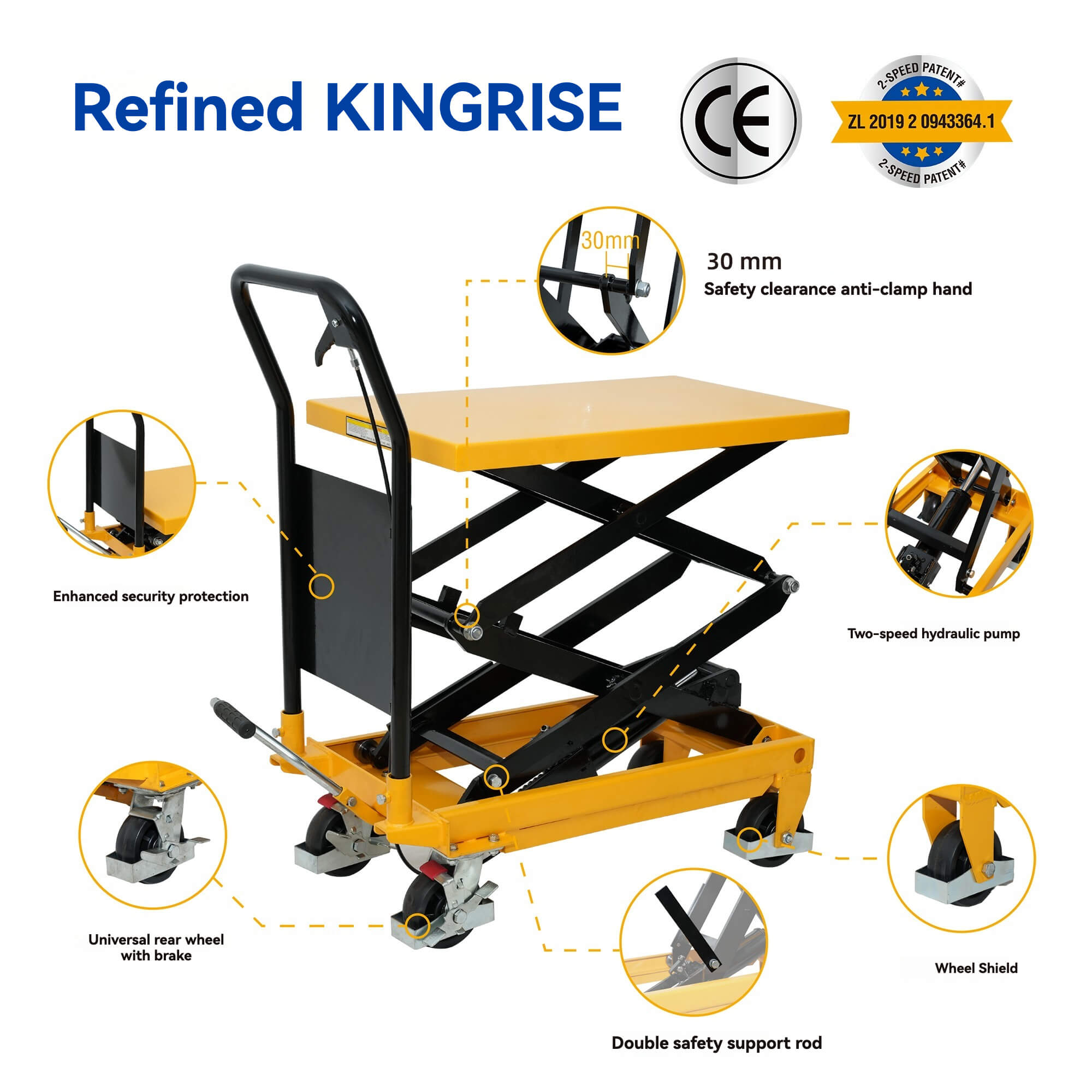 TÜV CE Certified Dual-Speed Hydraulic Scissor Lift Table - Warehouse Manual Hydraulic Lift Cart (500/1000 Lbs Load Options)