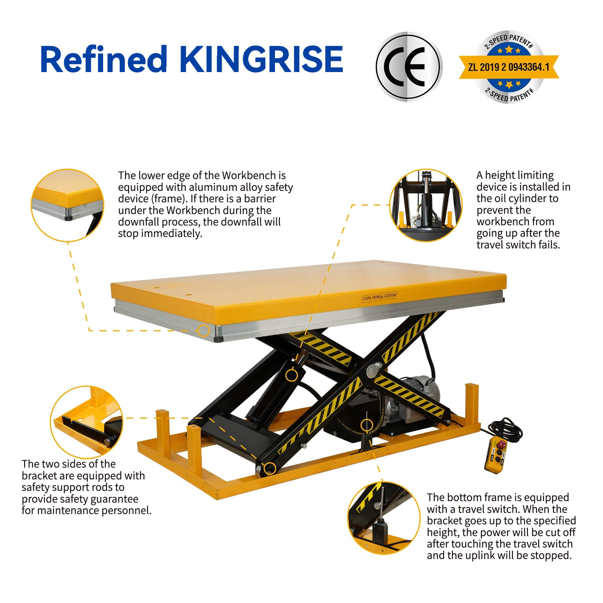 TÜV CE认证高端1000KG电动液压剪叉式升降平台，防夹头，适用于仓库使用