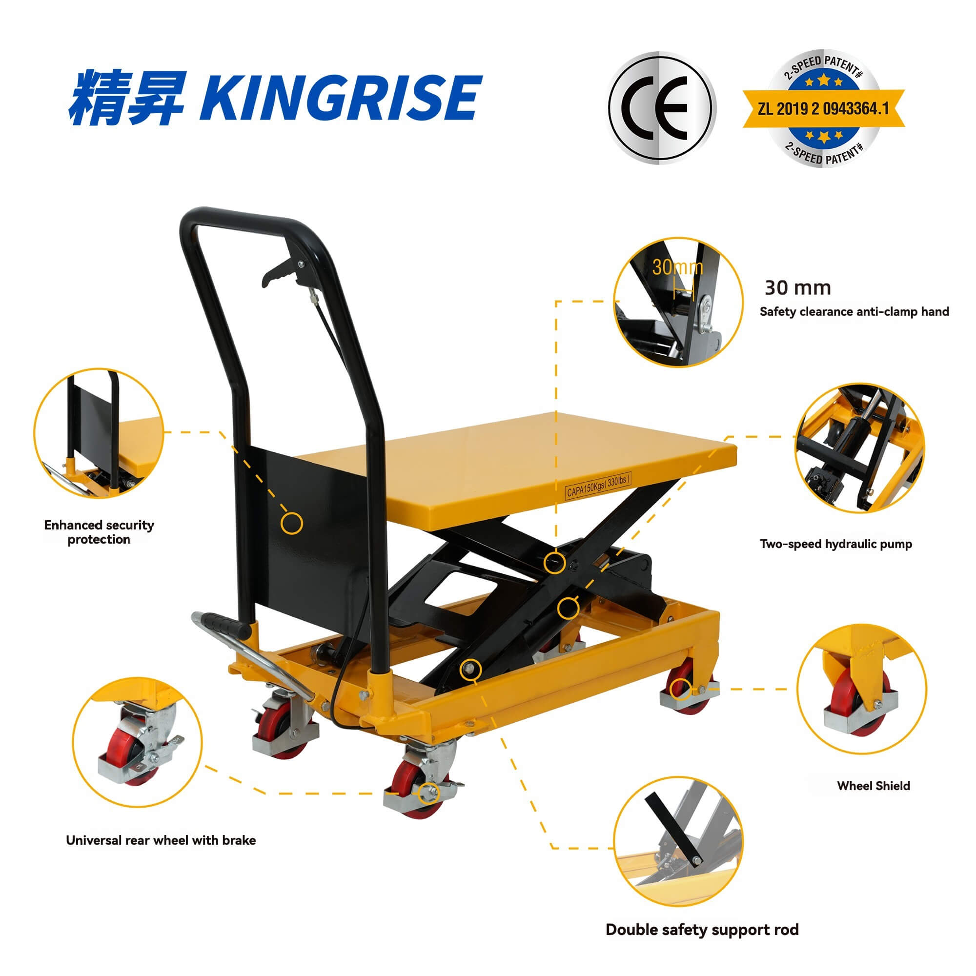TÜV CE certified manual dual-speed hydraulic cylinder with casters hydraulic lifting platform 150/300/500/1000kg, specifically designed for warehouse/factory loading