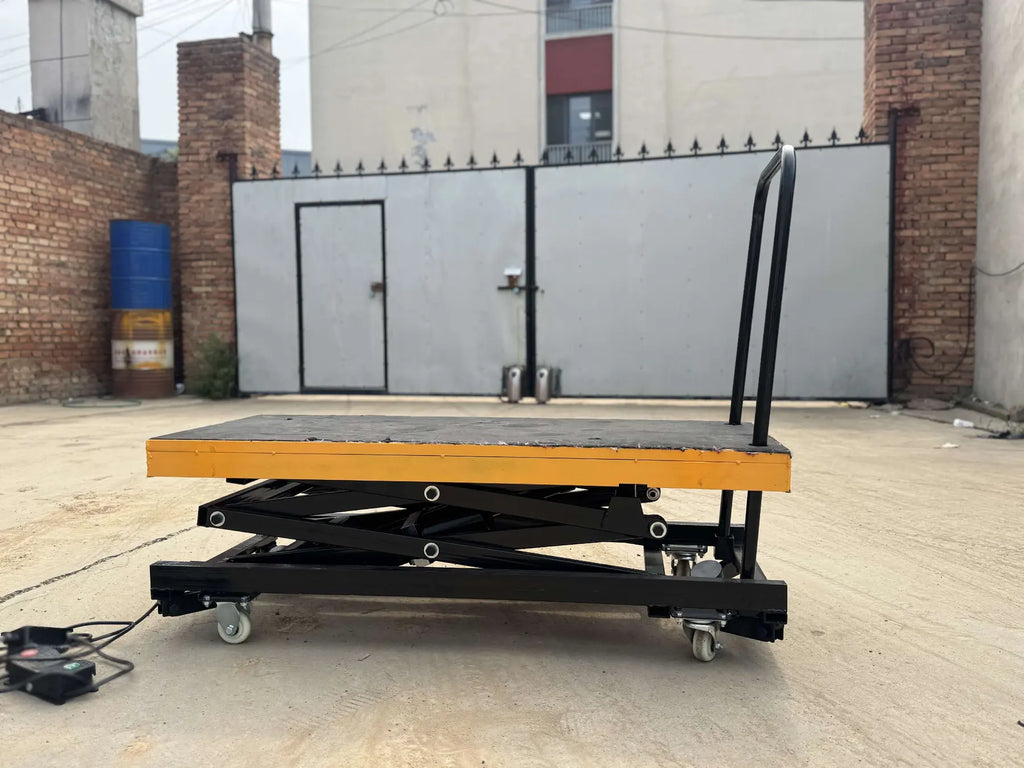 Orange electric scissor lift work table with wheels