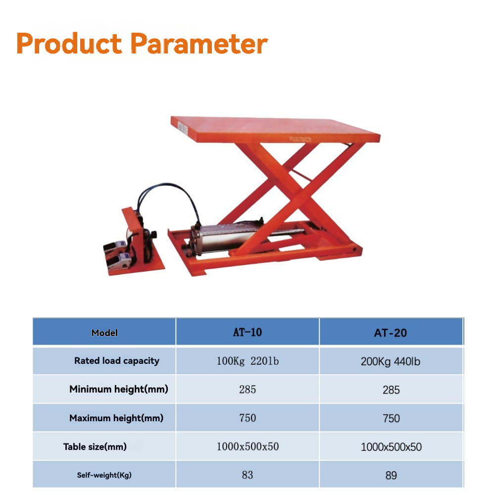 Product parameters specification | KINGRISE Pneumatic Scissor Lift Table AT10 AT20