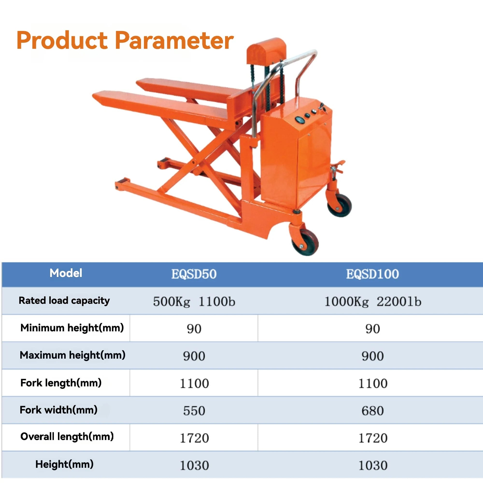 KINGRISE EQSD50 / EQSD100 specification chart with model, capacity, dimensions and lift height