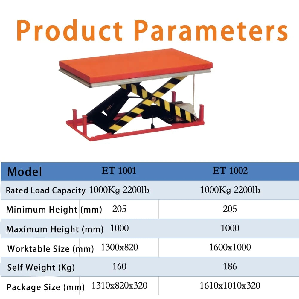 KINGRISE ET1001 / ET1002 specification chart with capacity, dimensions and lift height