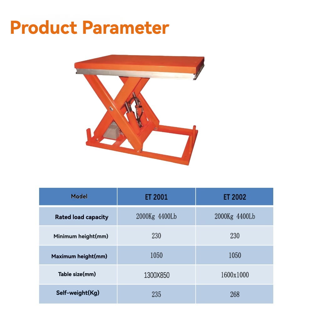 KINGRISE complete standard product parameter specification table for stationary hydraulic scissor lift ET2001 ET2002 warehouse factory industrial cargo lifting equipment