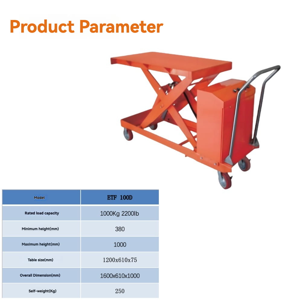 KINGRISE complete standard product parameter specification table for Heavy Duty Electric Hydraulic Lift Table ETF100D warehouse factory industrial cargo lifting equipment
