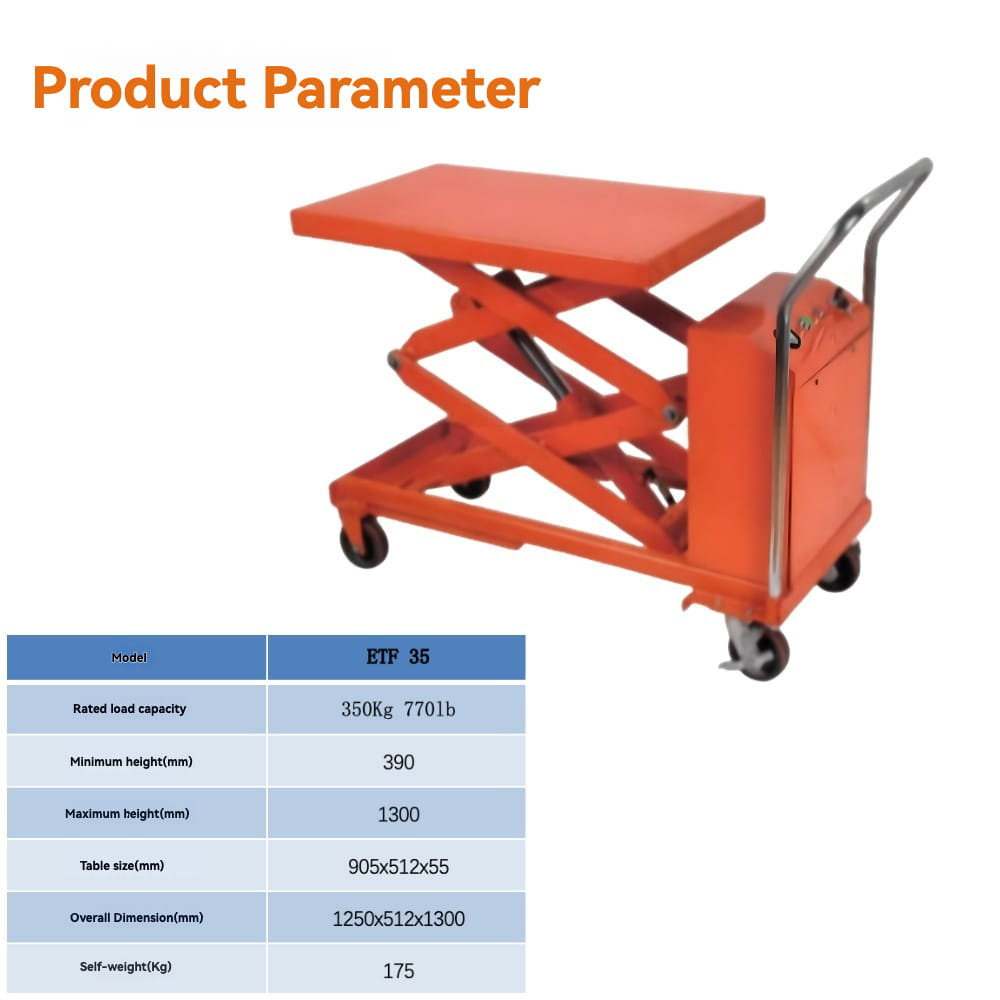 KINGRISE complete standard product parameter specification table for Double Scissor Electric Hydraulic Lift Table ETF35 warehouse factory industrial cargo lifting equipment