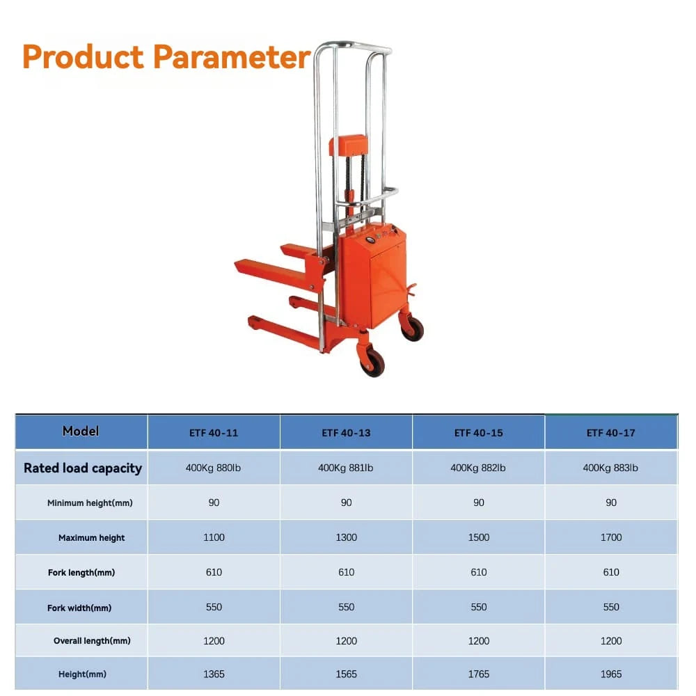 KINGRISE ETF 40-11 / ETF 40-13 / ETF 40-15 / ETF 40-17 specification chart with model, capacity, dimensions and lift height