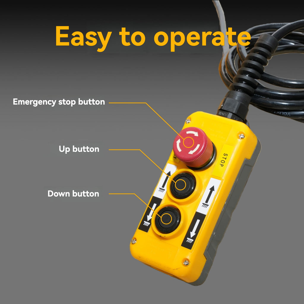 KINGRISE easy‑to‑operate safe control handle detail for Heavy Duty Electric Double Scissor Lift Table ETT5001 ETT5002 warehouse factory industrial cargo lifting equipment