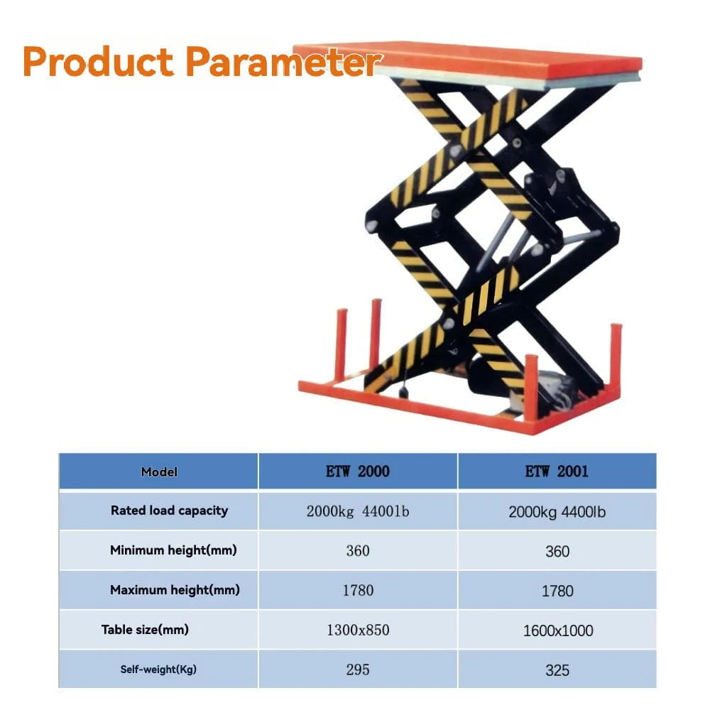 Product parameters specification | KINGRISE Heavy Duty Stationary Electric Hydraulic Scissor Lift ETW2000  ETW2001 equipment