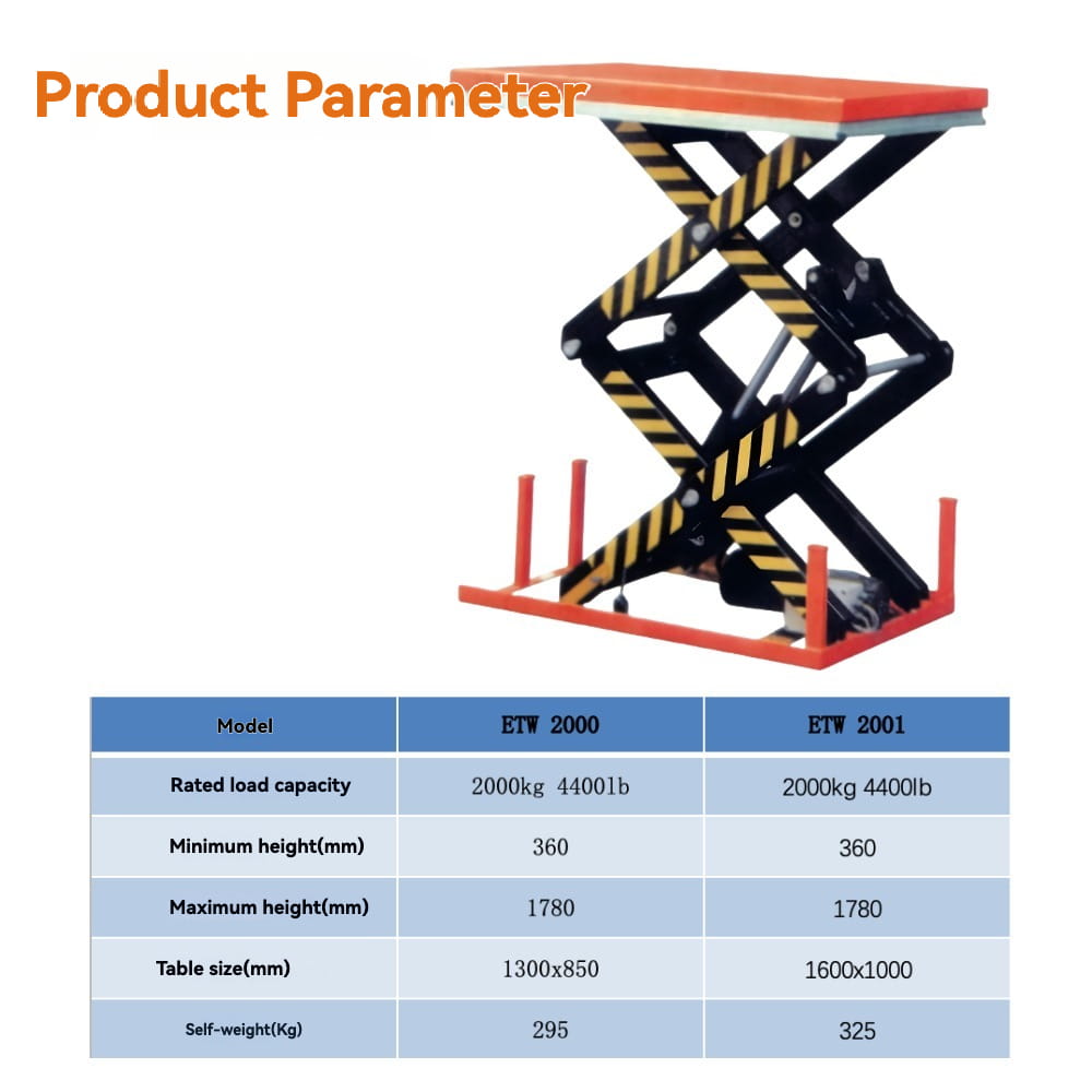 KINGRISE complete standard product parameter specification table for stationary hydraulic scissor lift ETW2000 ETW2001 warehouse factory industrial cargo lifting equipment