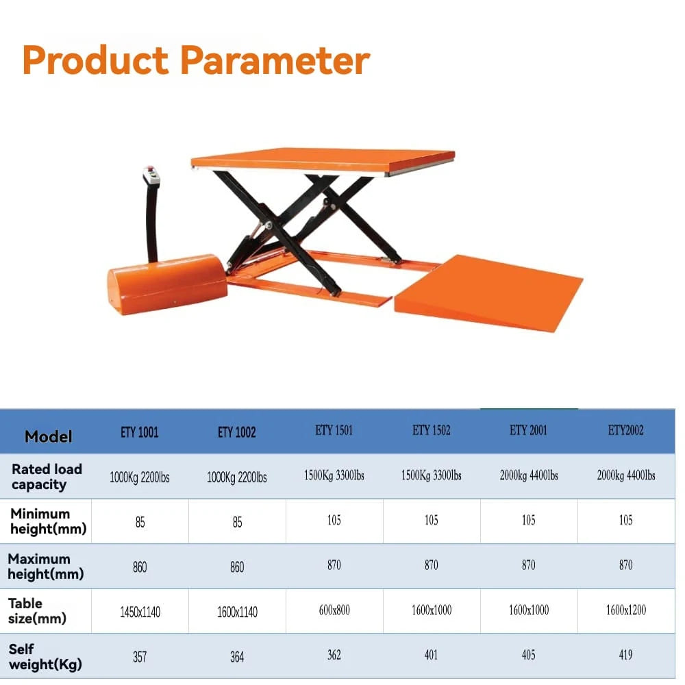 KINGRISE ETY 1001 / ETY 1002 / ETY 1501 / ETY 1502 / ETY 2001 / ETY2002 specification chart with model, capacity, dimensions and lift height