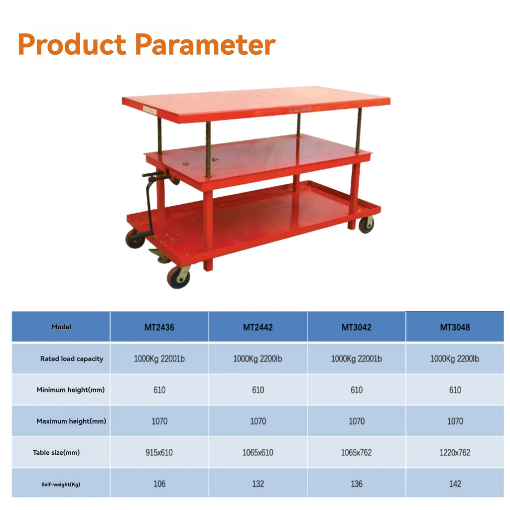 Product parameters specification | KINGRISE Series 1 Ton Double Deck Lift Table Cart MT2436MT2442_MT3042_MT3048