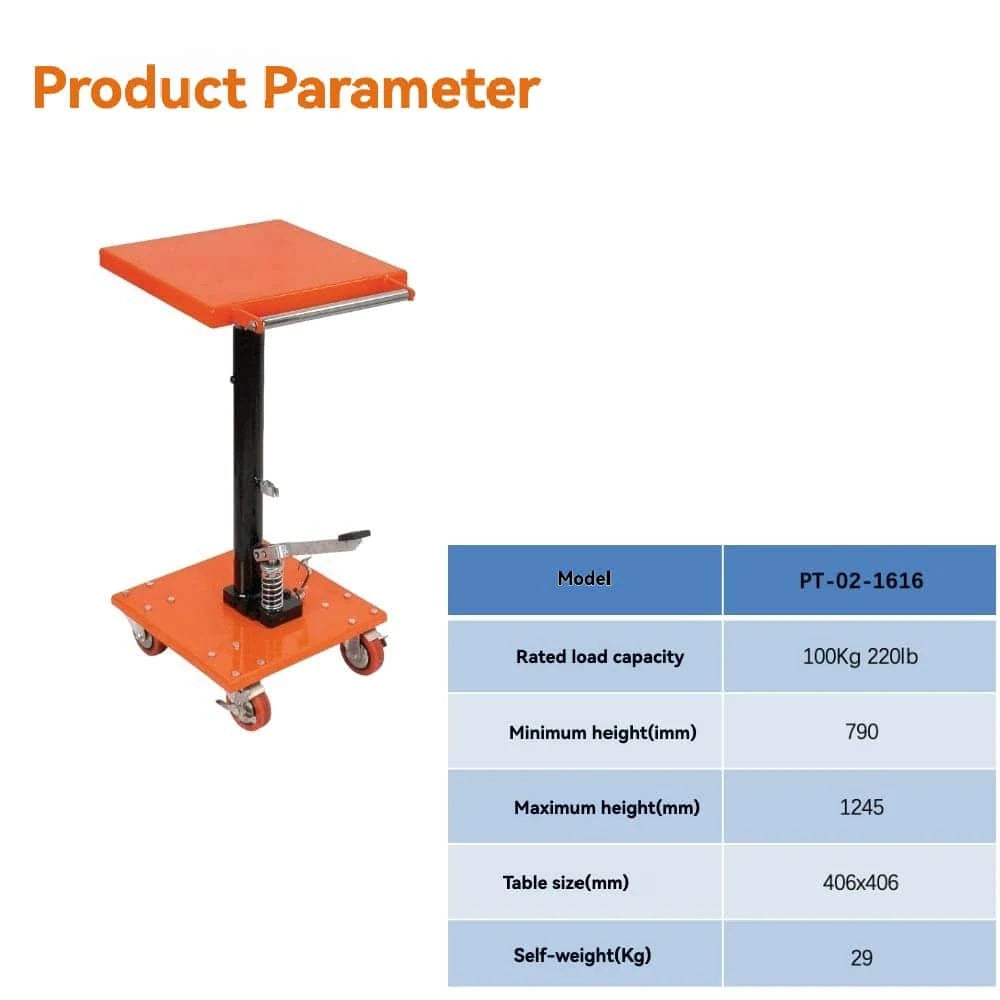Product parameters specification | KINGRISE Lightweight Manual Lift Table PT-02-1616