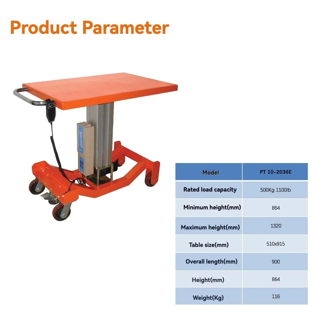 Product parameters specification | KINGRISE Electric Lift Table Cart PT10-2036E