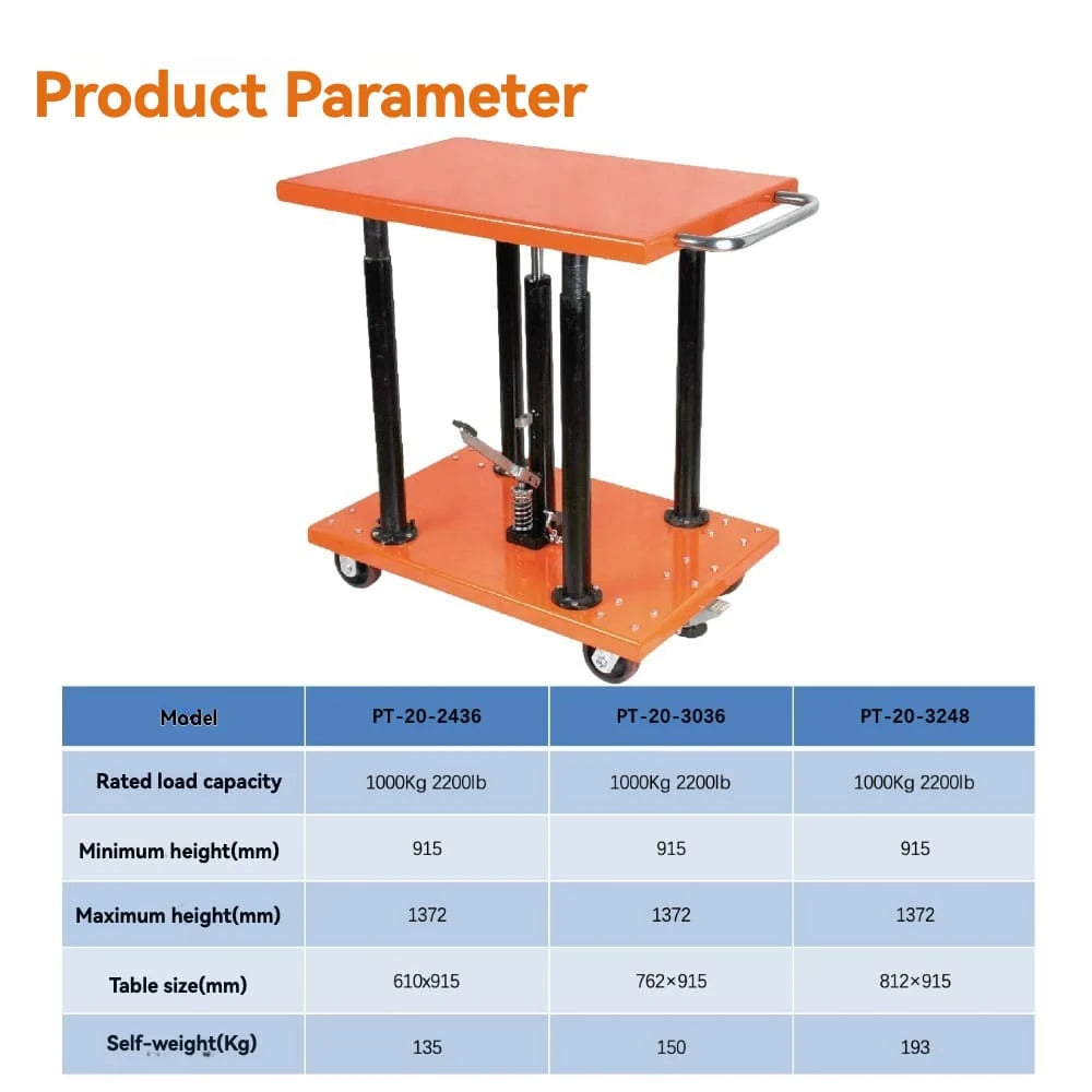 KINGRISE complete parameter table for stationary hydraulic scissor lift Series Heavy-Duty Manual Lift Table PT-20-2436 PT-20-3036 PT-20-3248