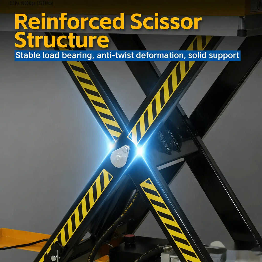 KINGRISE 电动平台单剪 hydraulic lifting mechanism and frame detail for warehouse and industrial material handling