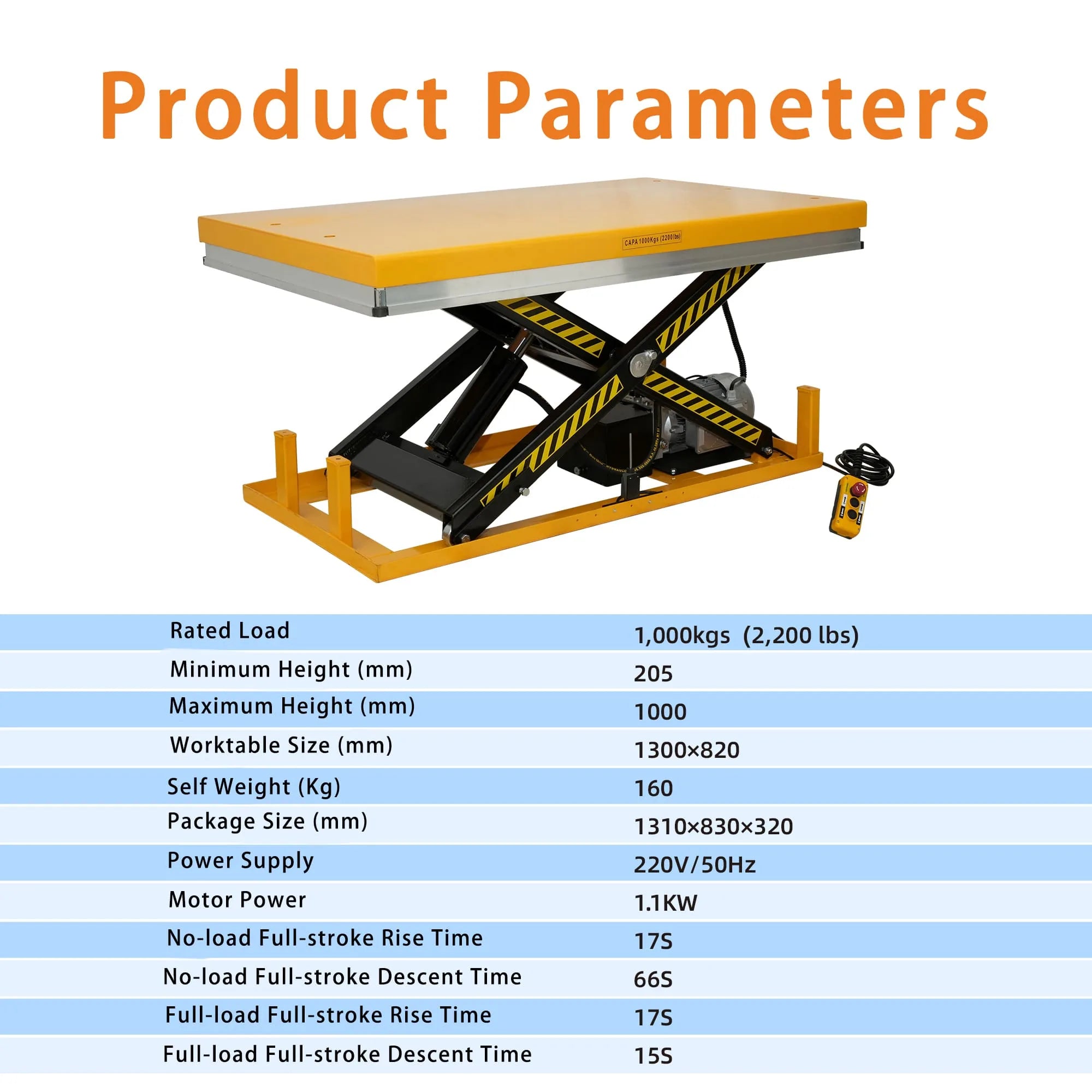KINGRISE 电动平台单剪 specification chart with model, capacity, dimensions and lift height