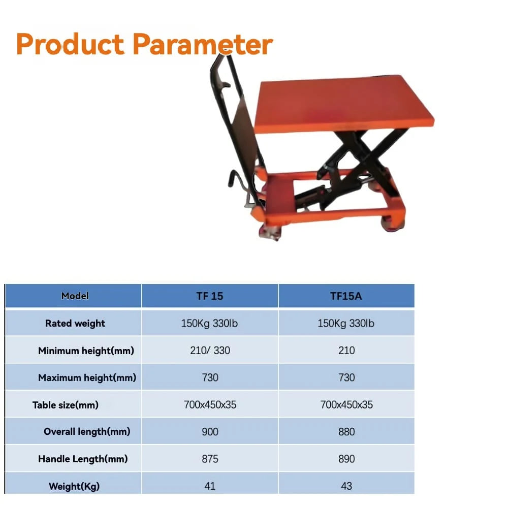 Product parameters specification | KINGRISE Manual Hydraulic Lift Table TF 15/15A