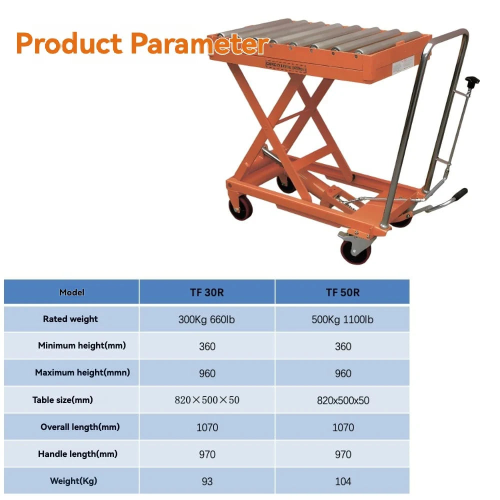 KINGRISE TF 30R / TF 50R specification chart with model, capacity, dimensions and lift height