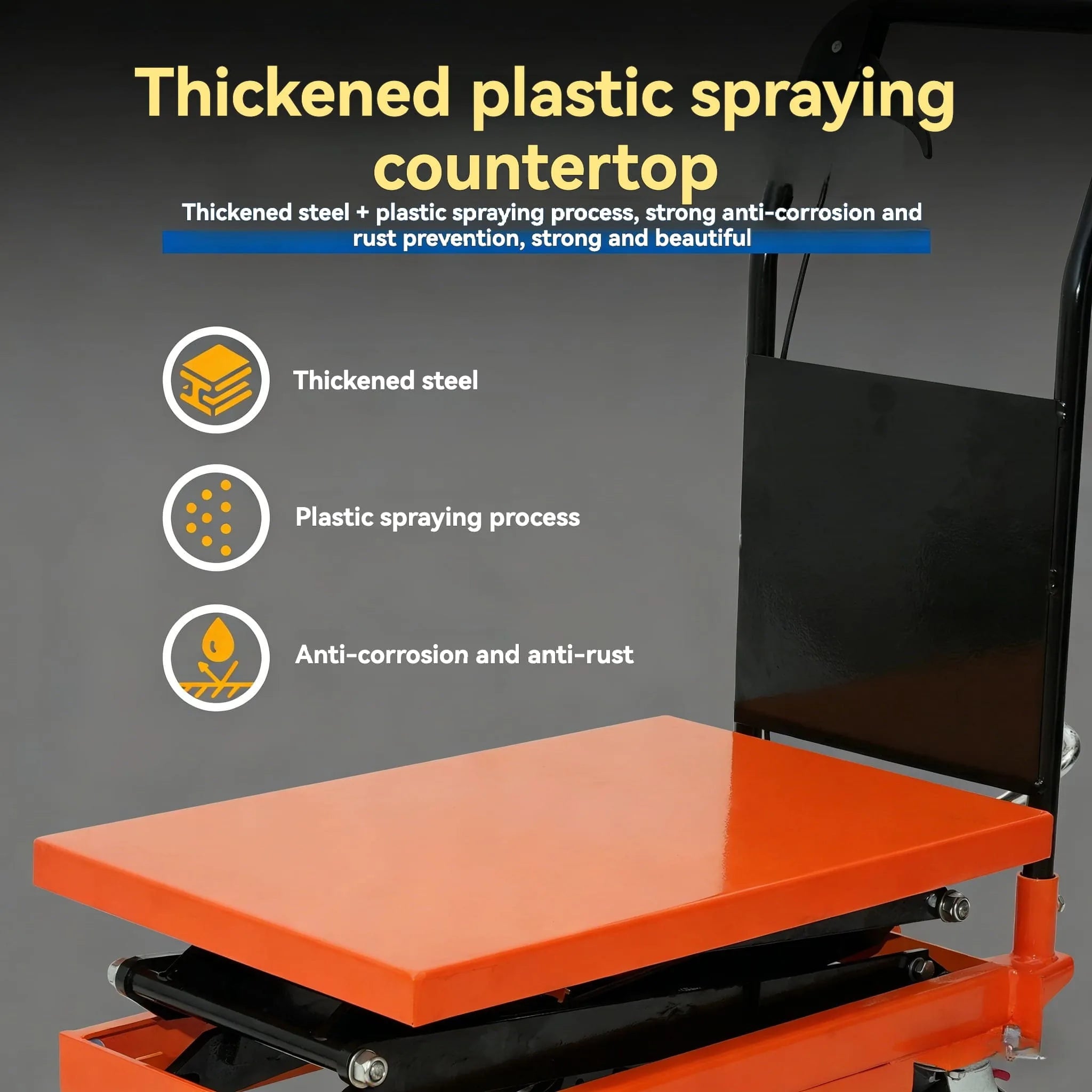 Heavy-duty steel platform tabletop detail on TF-35 hydraulic lift cart