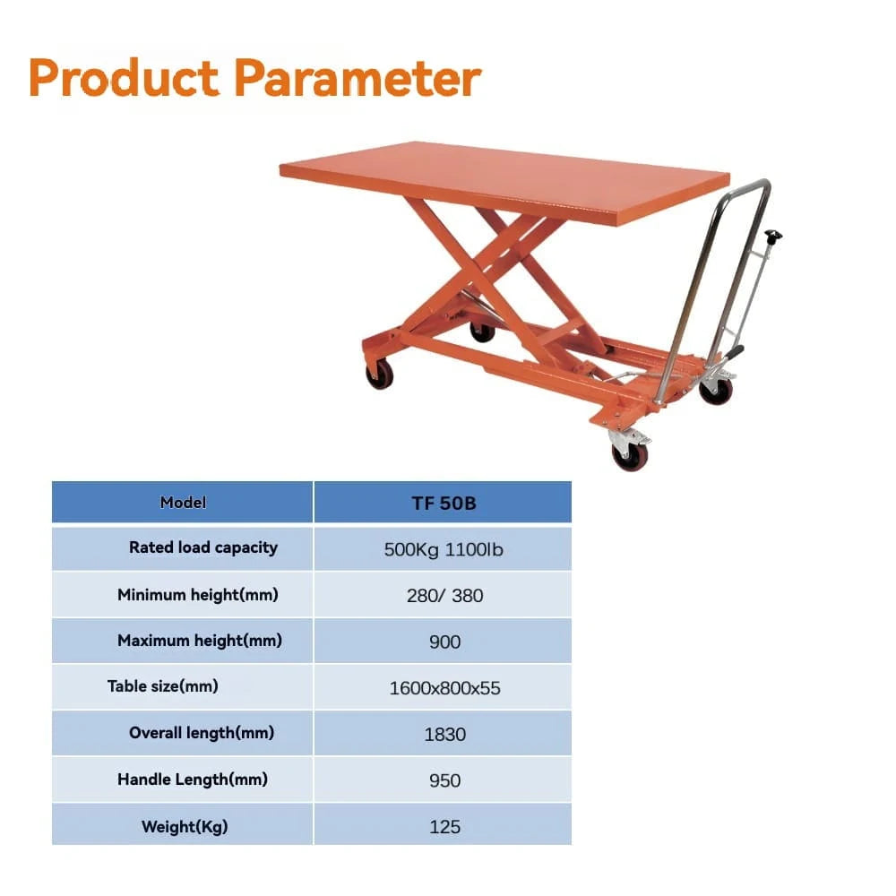Product parameters specification | KINGRISE Large Platform Manual Hydraulic Lift Table TF50B