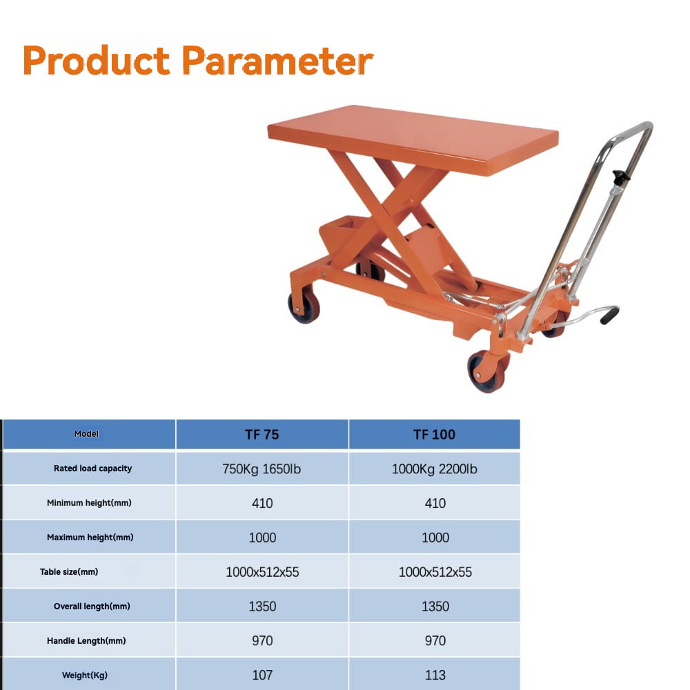 Product parameters specification | KINGRISE Heavy Duty Manual Hydraulic Lift Table TF75 TF100