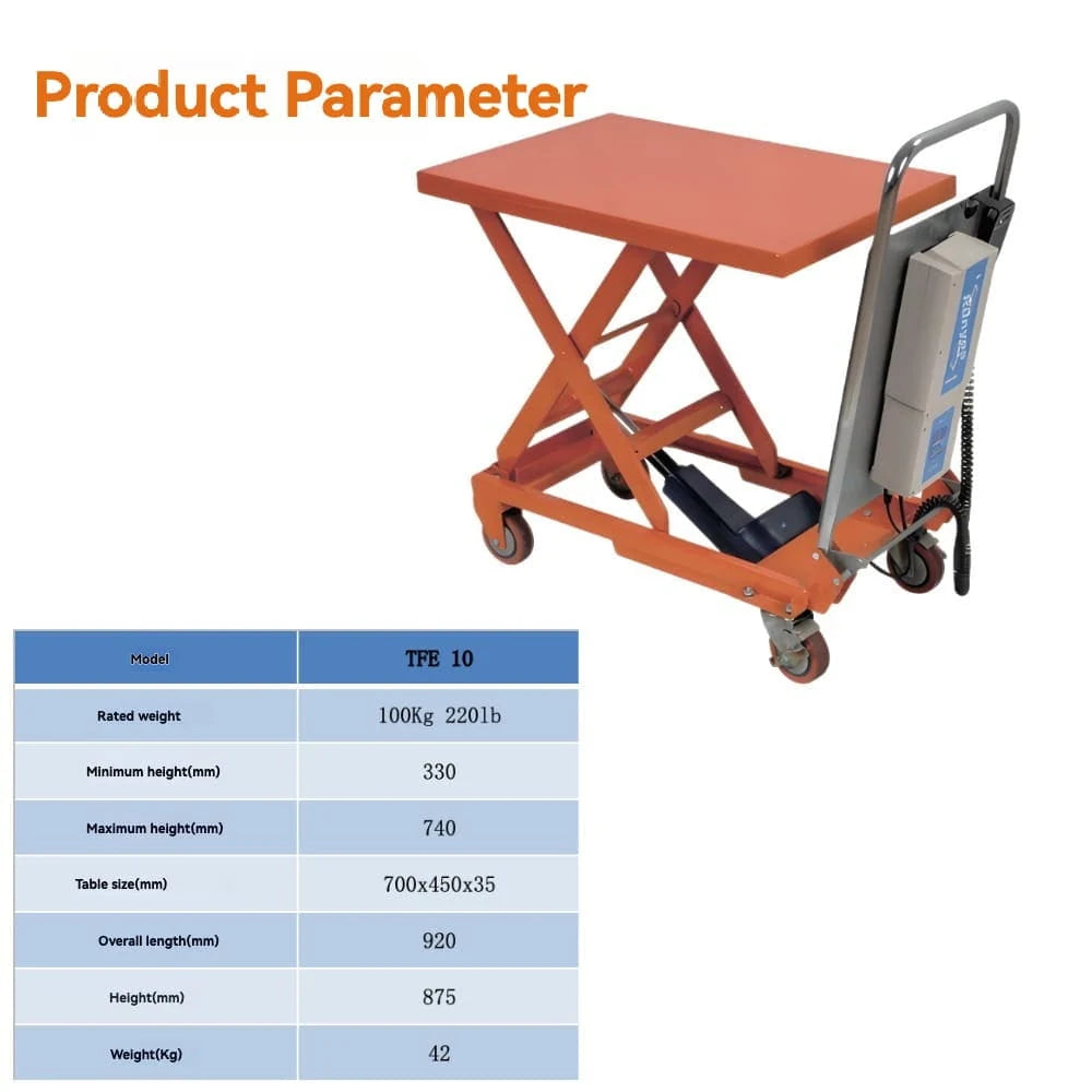 Product parameters specification | KINGRISE Lightweight Electric Scissor Lift Table TFE10
