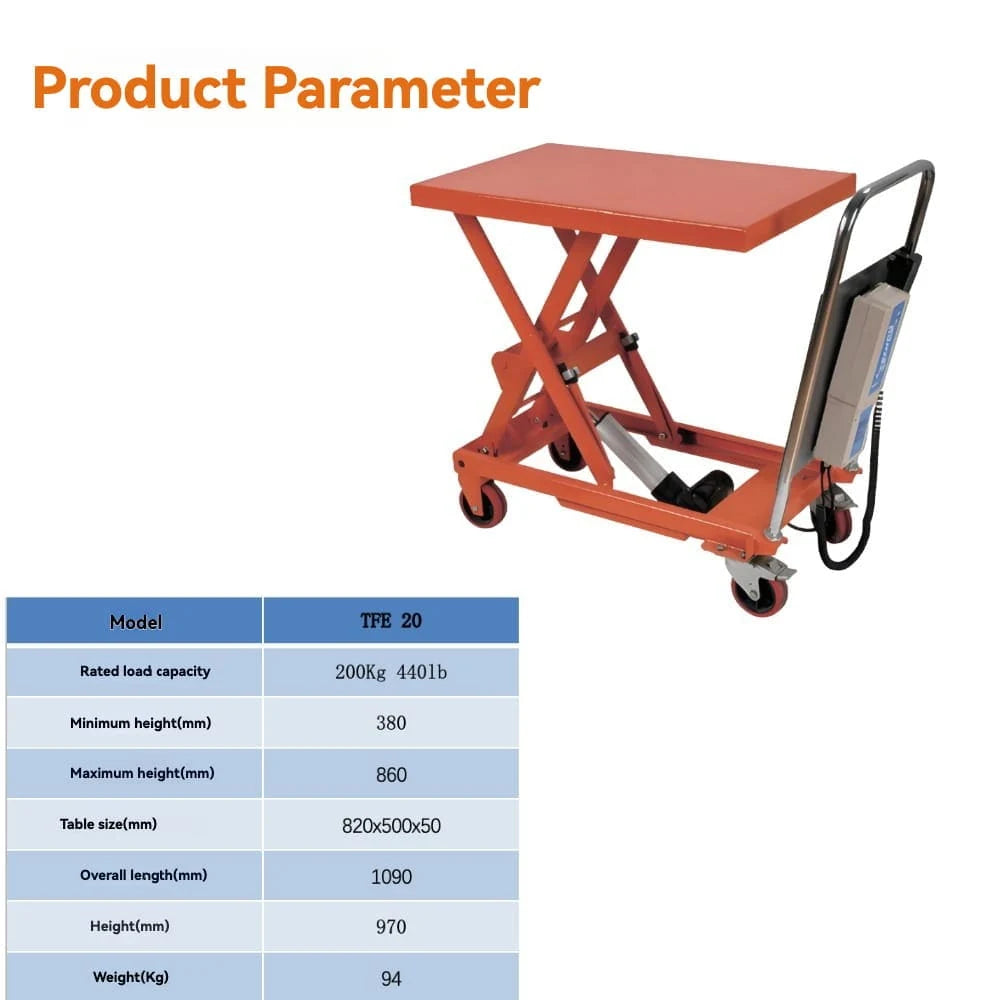 Product parameters specification | KINGRISE Full Electric Lift Table Cart TFE20