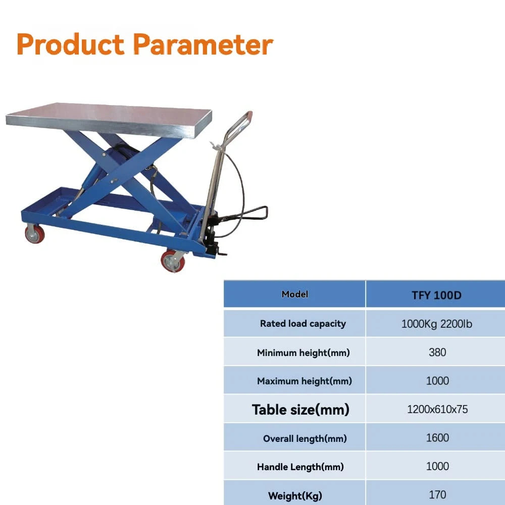 Product parameters specification | KINGRISE  Heavy Duty Pneumatic Hydraulic Lift Table TFY-100D